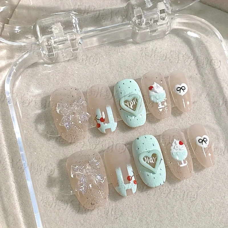 

10pcs Handmade Press on Nails Cream Cherry Bow Ice Cream Full Coverage Nail Tips Detachable Wearable Nail for Women&Girls