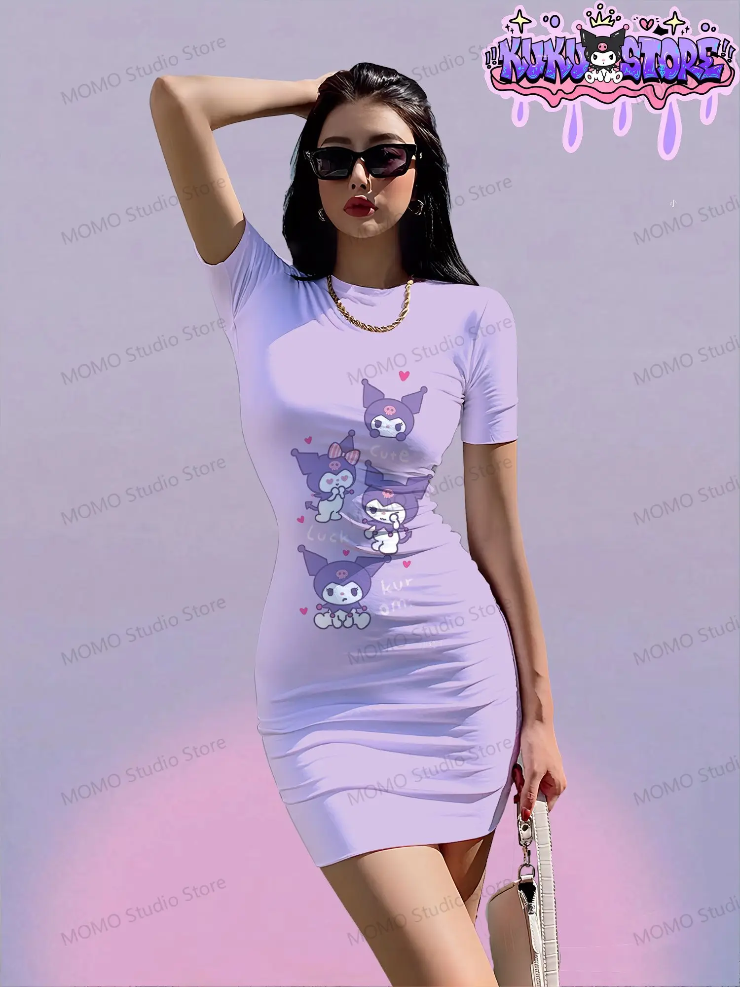 Kawaii Women\'s Short Sleeve Hip Dress Kuromi Summer Young Girls Dresses 2024 O Neck Y2k Sanrio S-3XL Fashion New Elegant Sexy