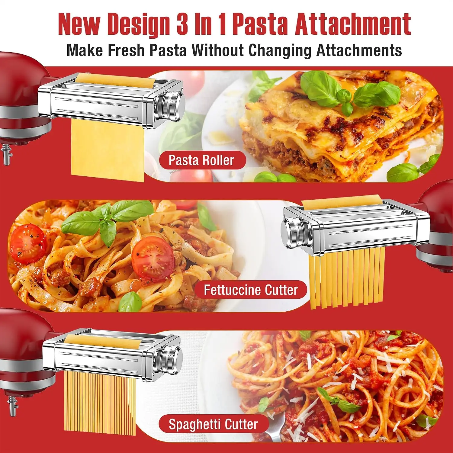 3 In1 Pasta Attachment Stand Mixer 8 Thickness Settings Pasta Maker Included Pasta Roller Spaghetti Fettuccine Cutter Accessorie