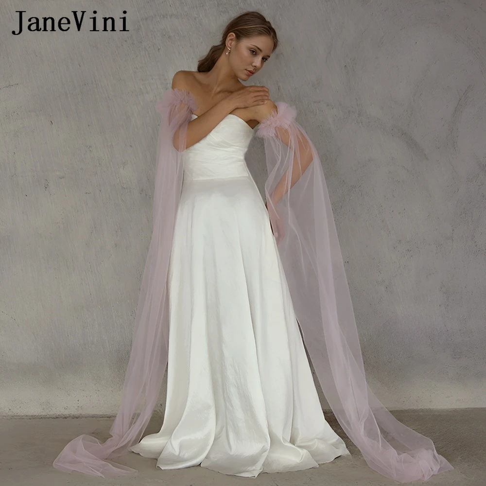 JaneVini 2024 New Long Detachable Wedding Sleeves Pink Tulle Wedding Wrap Top Shrugs For Women Bolero Damen Black Bridal Shawl