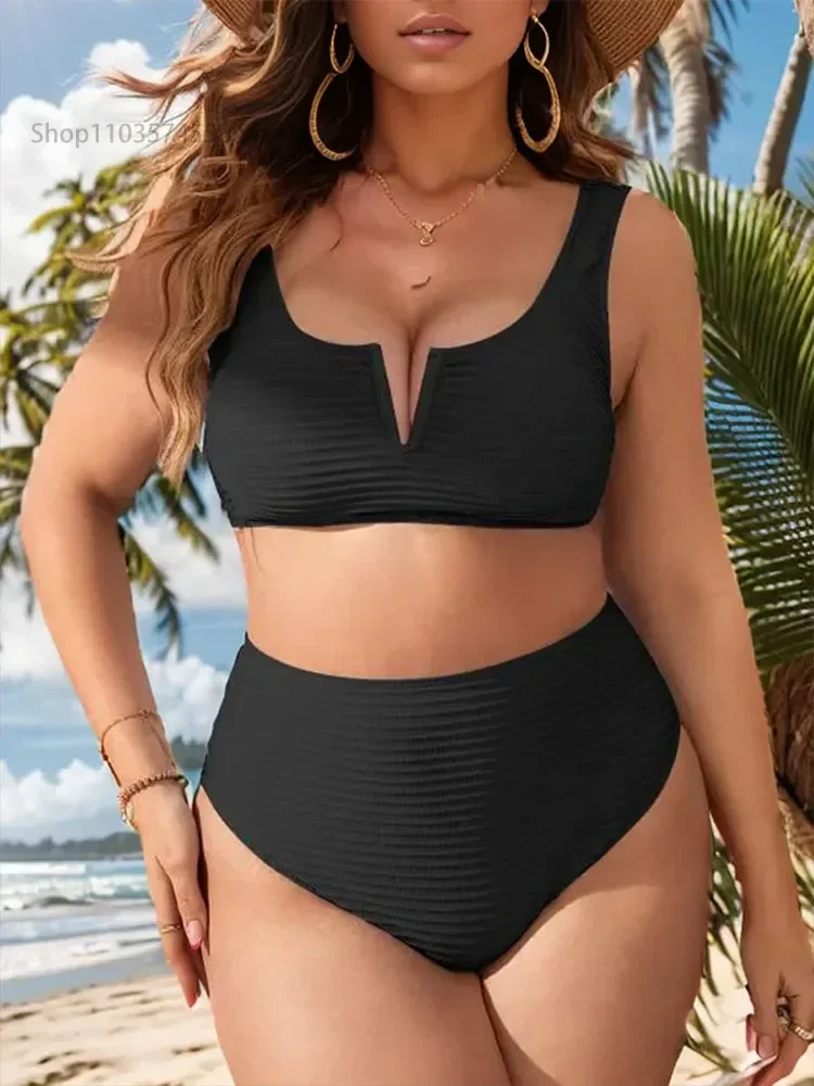 Damskie bikini oversize, strój kąpielowy z podwójnym dekoltem, wysoki stan, odzież plażowa, 2024.