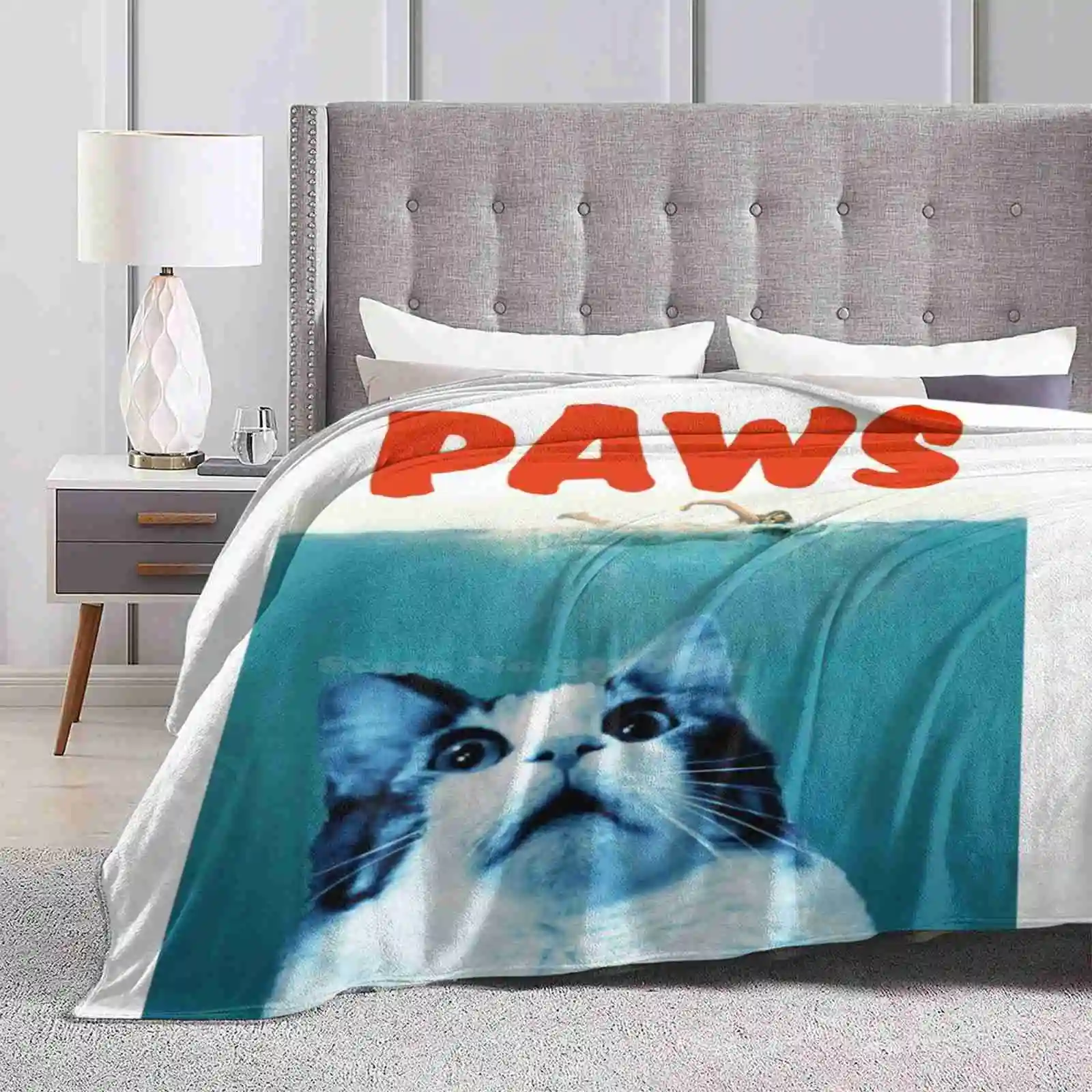 Paws Four Seasons Comfortable Warm Soft Throw Blanket Jaws Film Movie Cat Kitten Cute Shark Water Sea Swim Scary Fluffy Funny