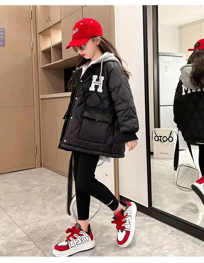 Girls Plus Fleece Coat New Teenagers Children Loose Fashion Cotton-Padded Jacket Girl Printed Letter Hooded Jacket Loose Top