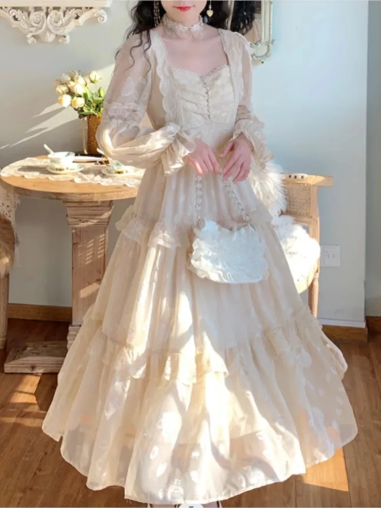 Damska Jesienna Elegancka Sukienka Midi z Koronkowymi Wstawkami, Długi Rękaw, Vintage, na Imprezę, Bal, Vestidos, Odzież Damska, Ubrania na Urodziny