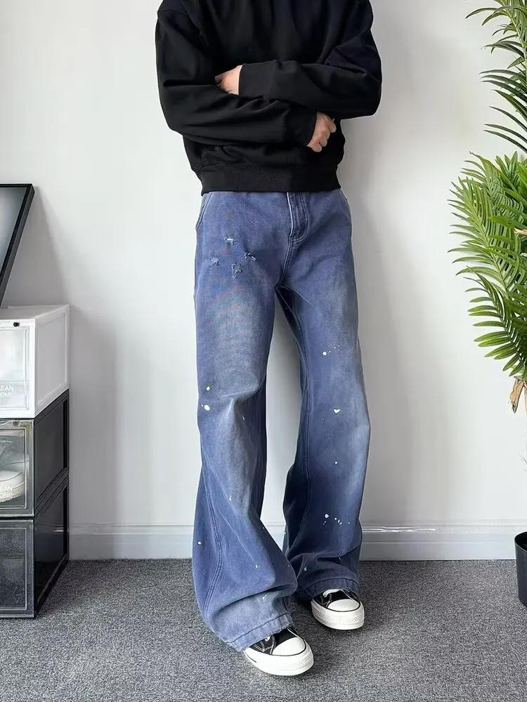 

Women Jeans Loose Casual Retro Ink Splashing Technique High Waisted Straight Leg Wide Leg Denim Pants Female Trousers Summer