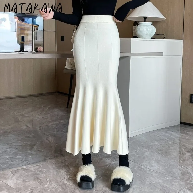 Matakawa Mermaid Skirts for Women Solid Knitted Thick Elegant Ruffles Faldas Korean Fashion Sweet Autumn Winter Long Skirt