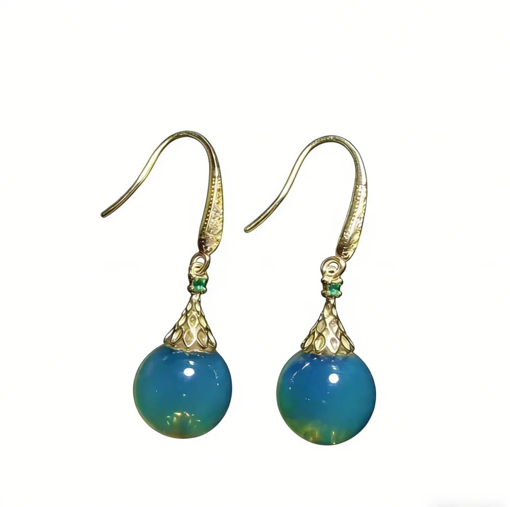 

Natural Mexican Blue Amber Earrings 11mm Silver Floral Bud Hook Earrings for Women Vintage Luxury Wedding Party Date Gift