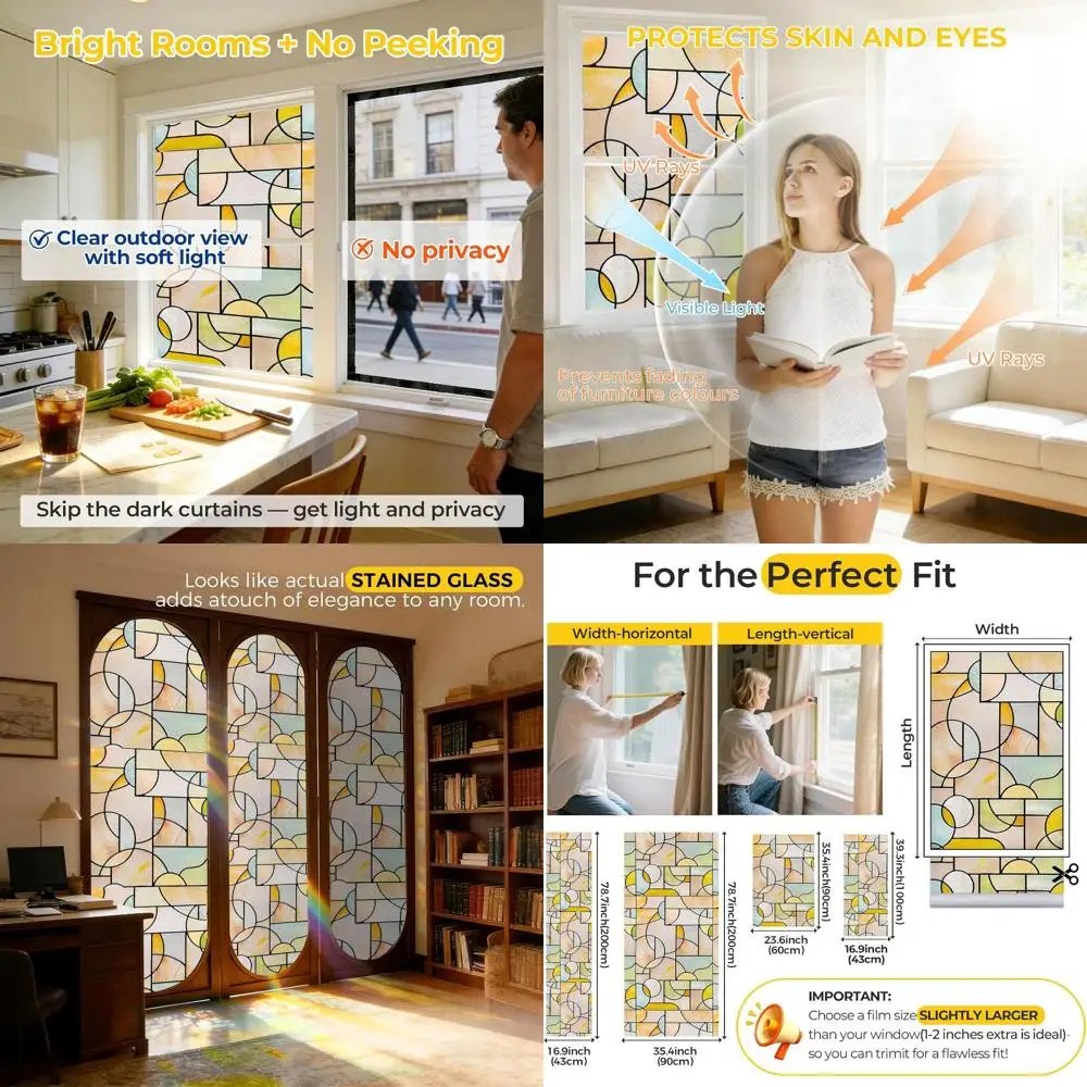 Decorative 3D Stained Glass Static Cling Window Film for Privacy and UV Protection, 35.4 x 78.7 inches