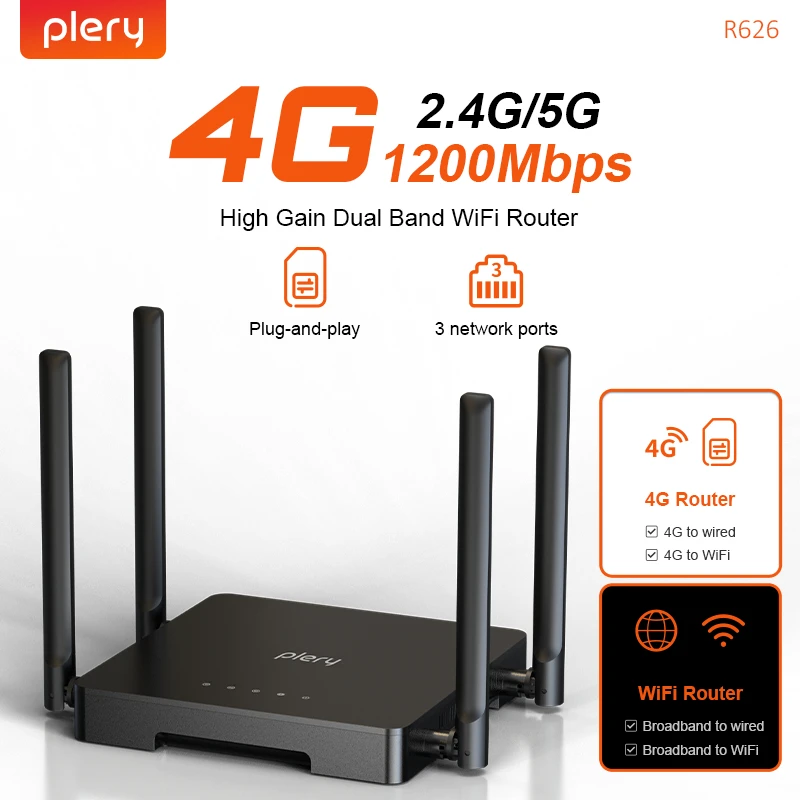 

AC1200 4G LTE WiFi5 Router 150Mbps Dual Band 2.4G/5.8G 2*LAN Ports Failover Support WPA3 Security for Home/Travel/Outdoor Use