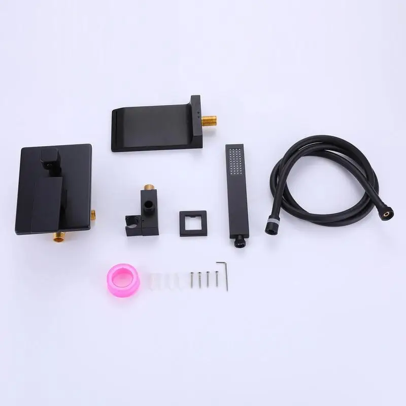 매트 블랙 벽걸이 욕조 수전 (핸드헬드 샤워 포함), 황동 재질, 고유량 폭포형 스파우트 (욕조용)