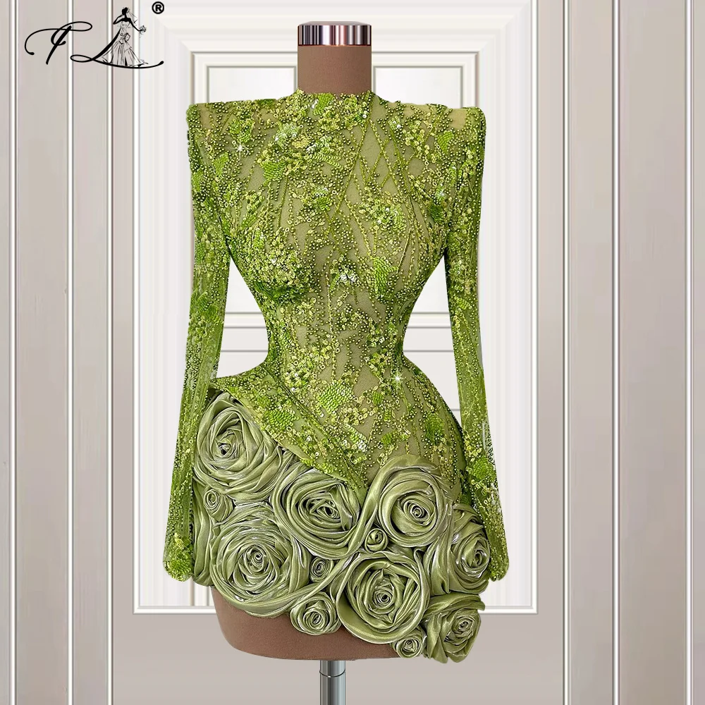 

Ярко-зеленое короткое коктейльное платье с кристаллами и длинными рукавами Мини-платья для выпускного вечера с цветочным узором для особых случаев по индивидуальному заказу