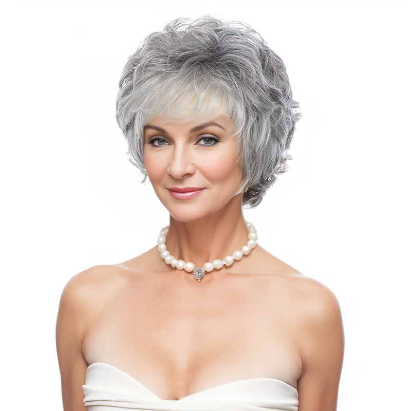 

Women Gray White Hair Black Mixed Short Wigs with Bangs for Mom Natural Wig