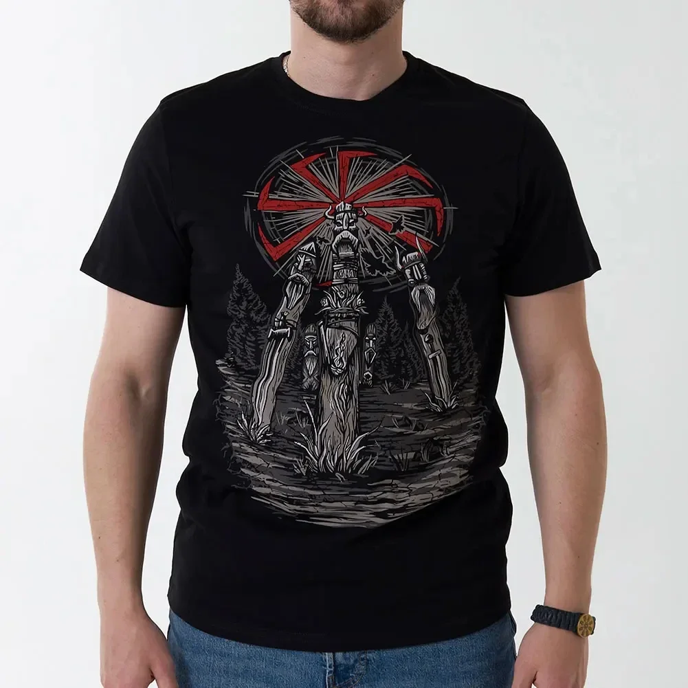 Slavic God Perun Statue Kolovrat Symbol Pagan 100% Cotton O-Neck Summer Short Sleeve Casual Mens T-shirt Size Oversized T Shirt