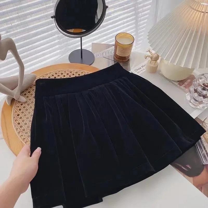 Girls Autumn and Winter New Korean Small Fragrant Style High Waisted Pleated Skirt Children Black Velvet Skirt Umbrella Skirt