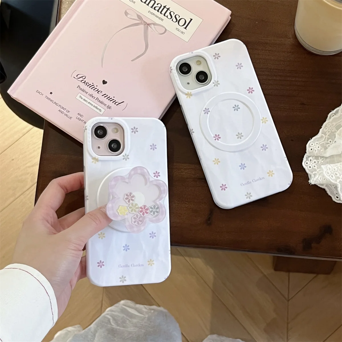

Fresh Pink Line Flowers Glitter With Holder Magnetic Wireless Charging Phone Cover Case for iPhone 16 15 14 13 Pro Max