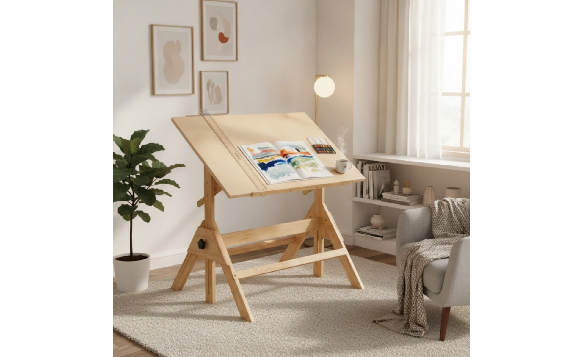 Adjustable Drafting Table L-Shaped Drafting Ruler Included Wooden Drafting Table Tilting Art Desk Built-in Ruler