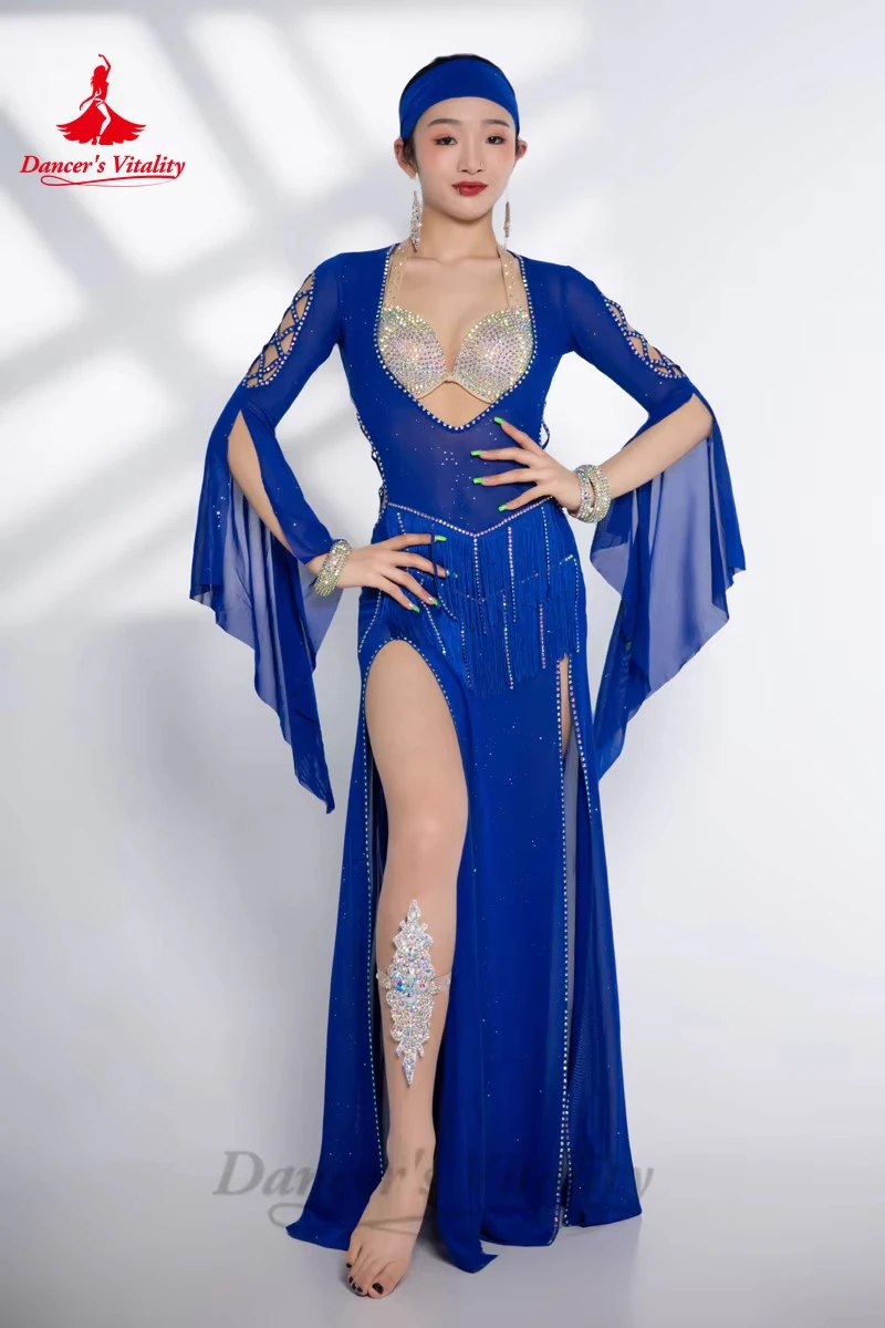Roupões de desempenho de dança do ventre para mulheres sexy franja robe + sênior ab pedras sutiã + lenço 3 pçs adulto shaabi balady saidy outfit