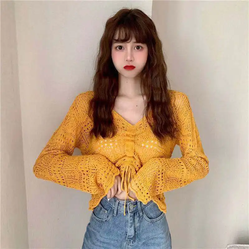 Pullovers Women 8 Colors Temper Hollow Out Fashion All-match V-neck Ulzzang Mature Sun-proof Casual Streetwear Classic Autumn