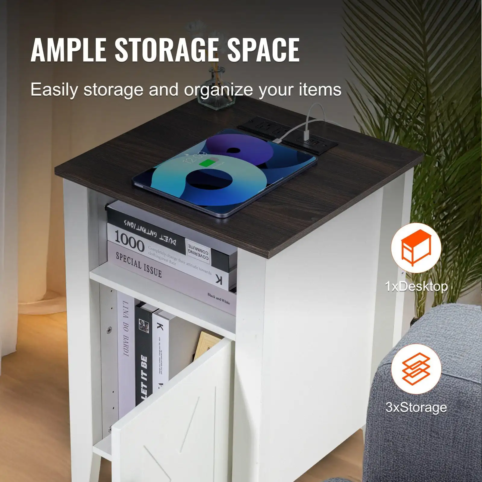 Farmhouse End Table Night Stand with USB Outlets LED Light Set of 2 White