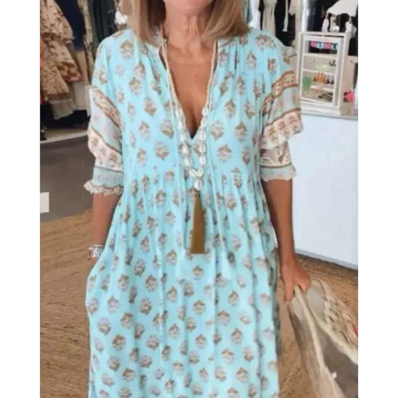 Women's Boho Printed Chic V-neck Long Dresses 2025 Summer Spring Pocket Party Dress Fall Half Lantern Sleeve Ruffles Vestidos