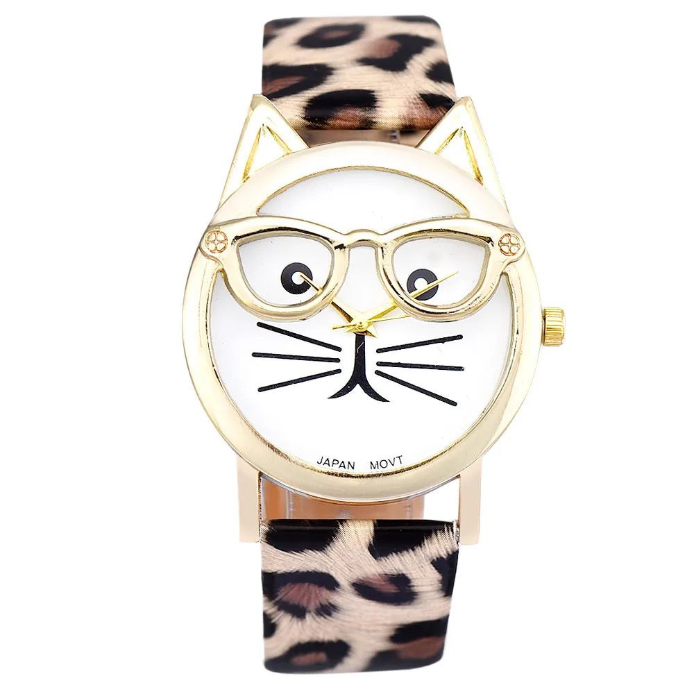 Relojes de cuarzo con correa de cuero para Mujer y niña, relojes de pulsera informales con diseño de gato y gafas bonitas, a la moda