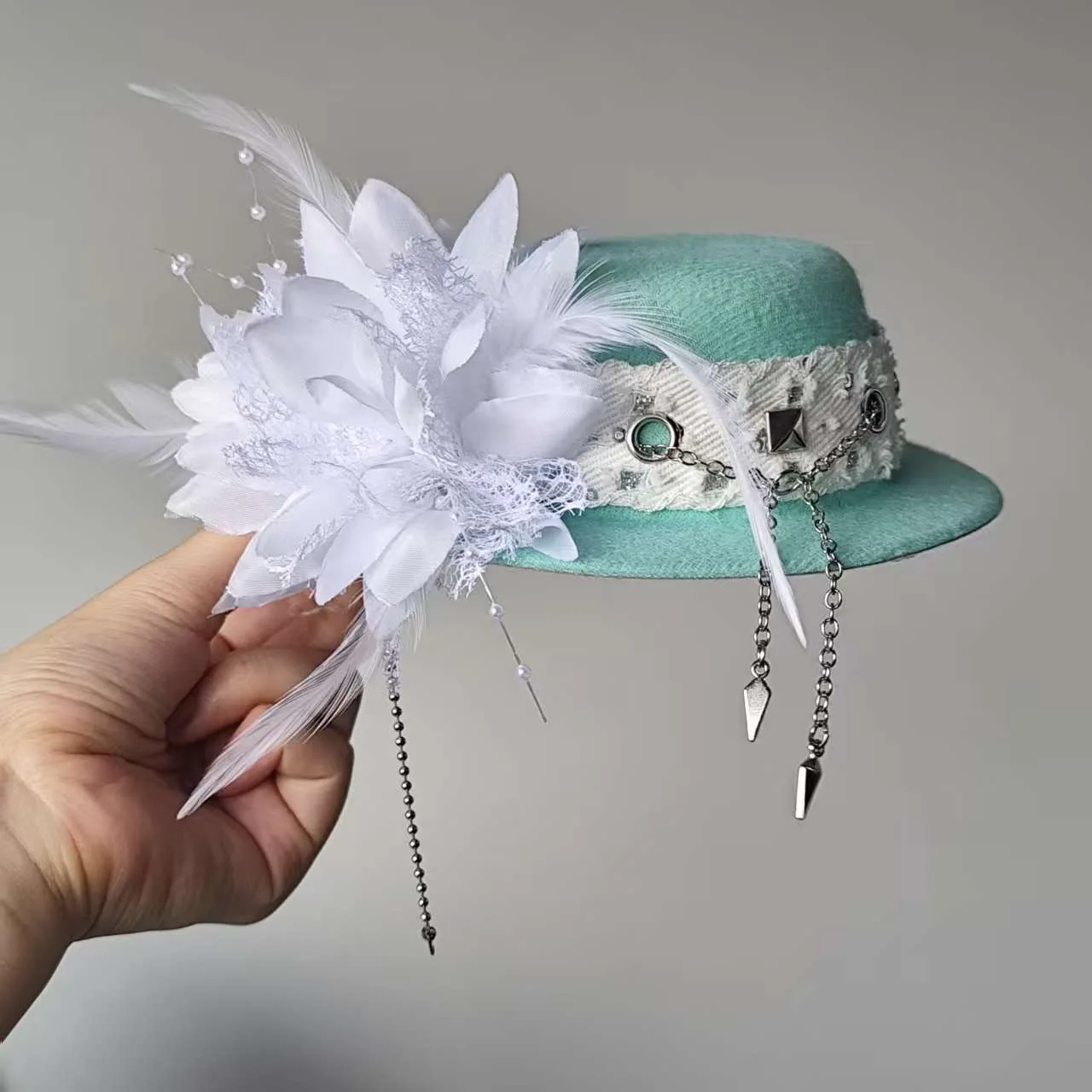 Lolita Hair Accessories Gothic Mint Green Steam Retro Flower Feather Mini Top Hat Hair Clips Subculture Sweet Style Clips Kawaii