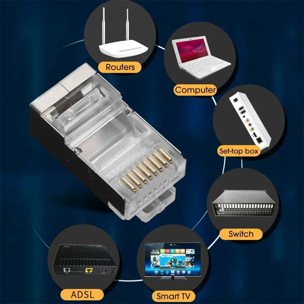 50 قطعة كابلات إيثرنت RJ45 وحدة التوصيل Cat6/Cat5 موصلات كريستال نهاية مطلية بالذهب 8P8C قابس شبكة إيثرنت القياسية