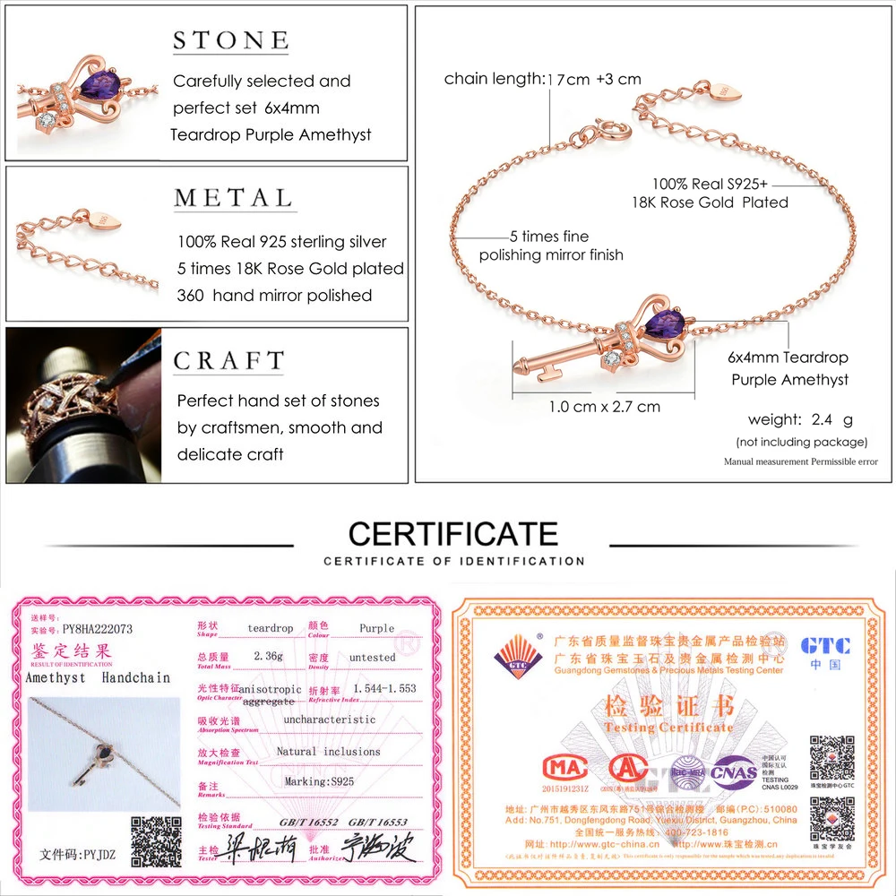 LAMOON Crown Key 6x4mm 0.4ct Natural Teardrop Amethyst 925 Sterling Silver Jewelry Rose Gold Plated S925 Charm Bracelet LMHI024