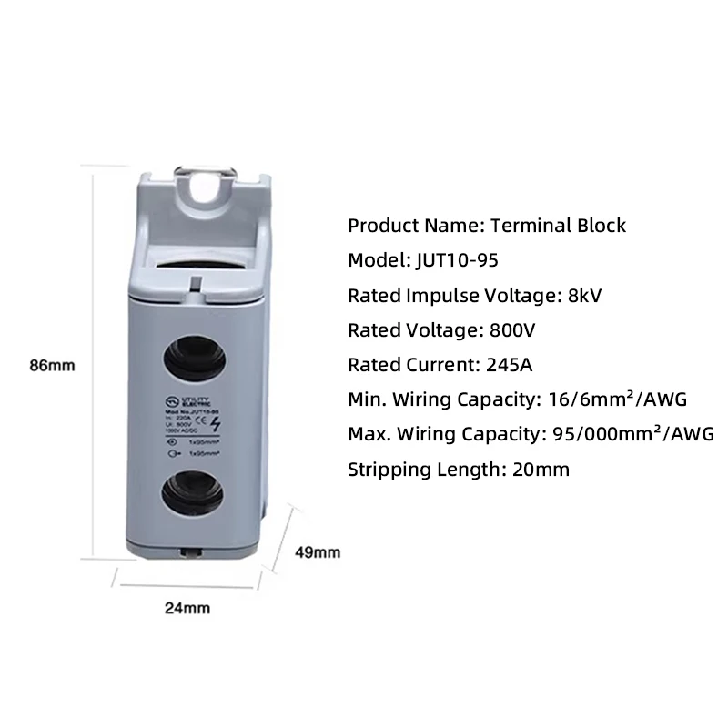 95mm2 Single Pole DIN Rail Mounted Aluminum Type Guide Electrical 1P Barrier Screw 1 In 1 Out Terminal Block JUT10-95
