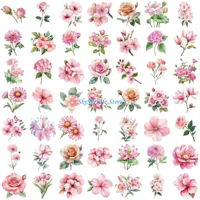 

E65E 50 Sheets Waterproof Sticker Adhesive Laptop Sticker Flower Decal for Journal