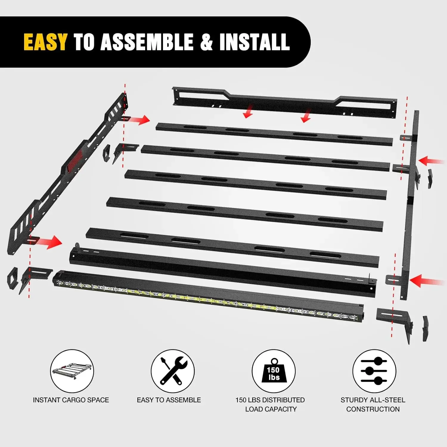 

BestsellerRoof Rack Cargo Basket with LED Light Bar Compatible with 2007-2025 Wrangler JK JL Unlimited & Gladiator JT 4 Door Har