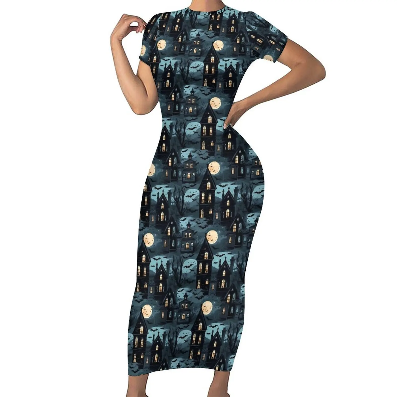 Haunted Mansion Bodycon Dress Summer Halloween Spooky Sexy Maxi Dresses Women Short Sleeve Pattern Street Wear Dress Big Size