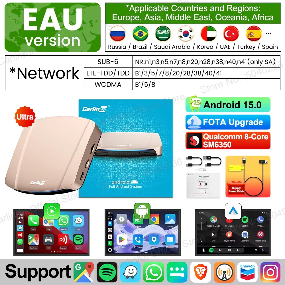 CarlinKit Android 15 TV Box Ultra WiFi6 SM6350 8-Core Ondersteuning Netflix Play Store GPS WiFi/SIM-kaart Verbinding Draadloos Android Auto CarPlay Smart Car Box