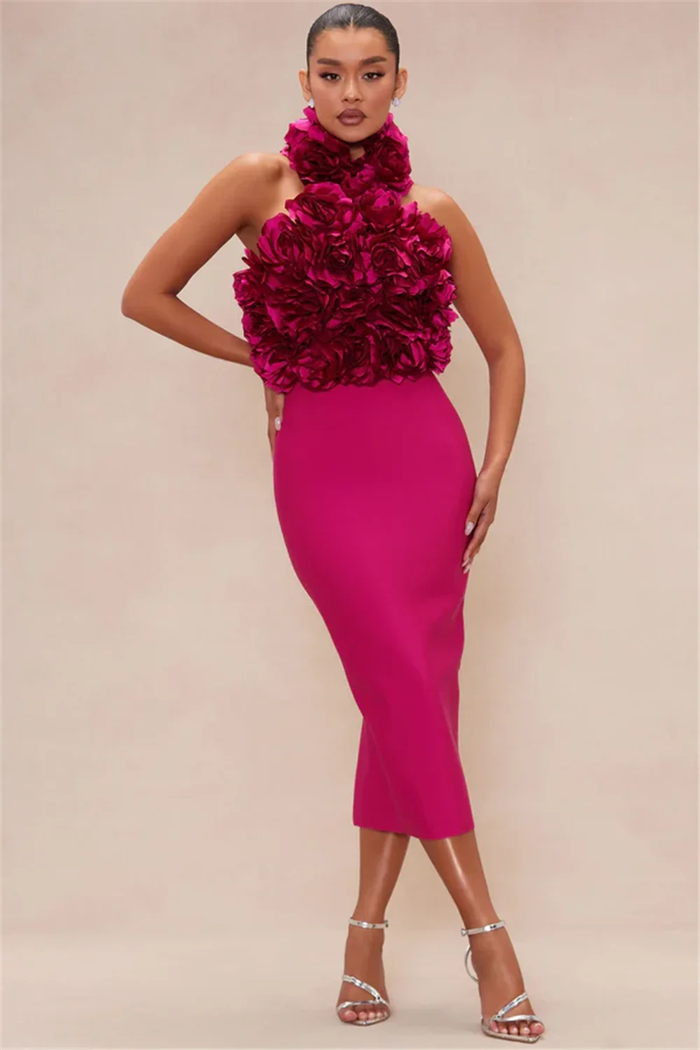 

Luxury Designer Flowers Halter Bandage Patchwork Knee Length Elastic Bodycon Celebrity Evening Club Party One Piece Gowns