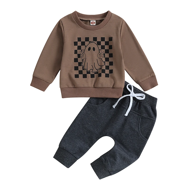 Toddler Boys Fall Outfits Checkerboard Ghost Print Crew Neck Long Sleeve Sweatshirts and Long Pants 2Pcs Halloween Clothes Set