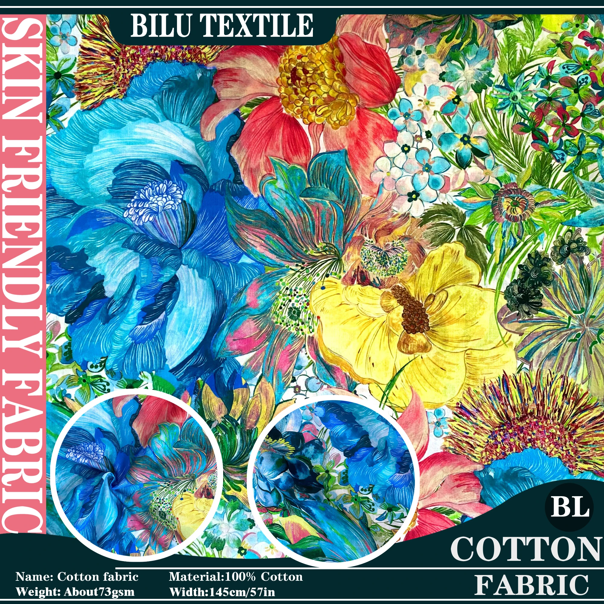 

1/2/3M 100%Cotton Fabric Marina Seaflower 80S Long-Staple Cotton Poplin printing Sewing Making Dress Clothing Handmade DIY cloth