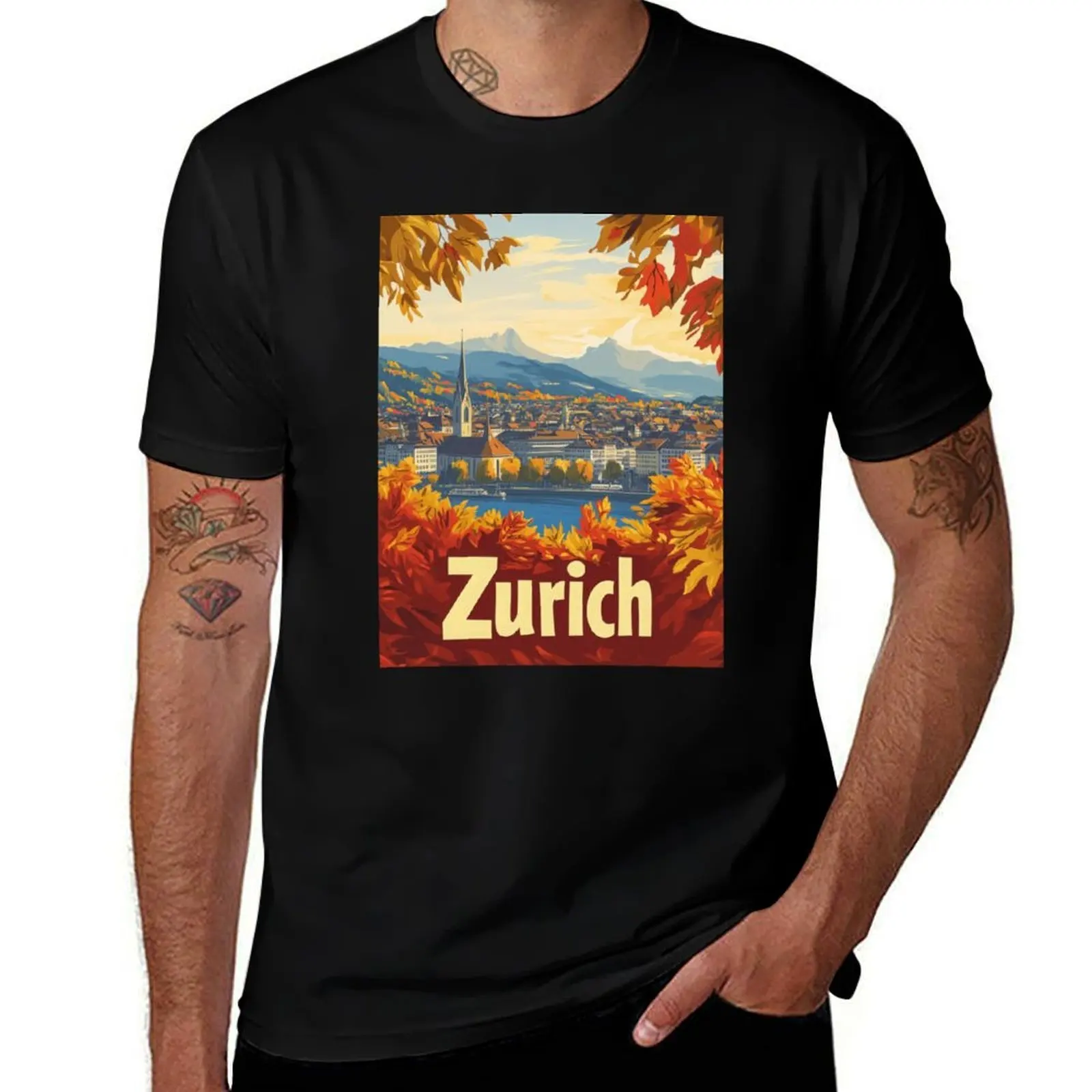 This travel poster showcases Zurichs charm, featuring vibrant autumn foliage around a panoramic view of historic buildin T-Shirt