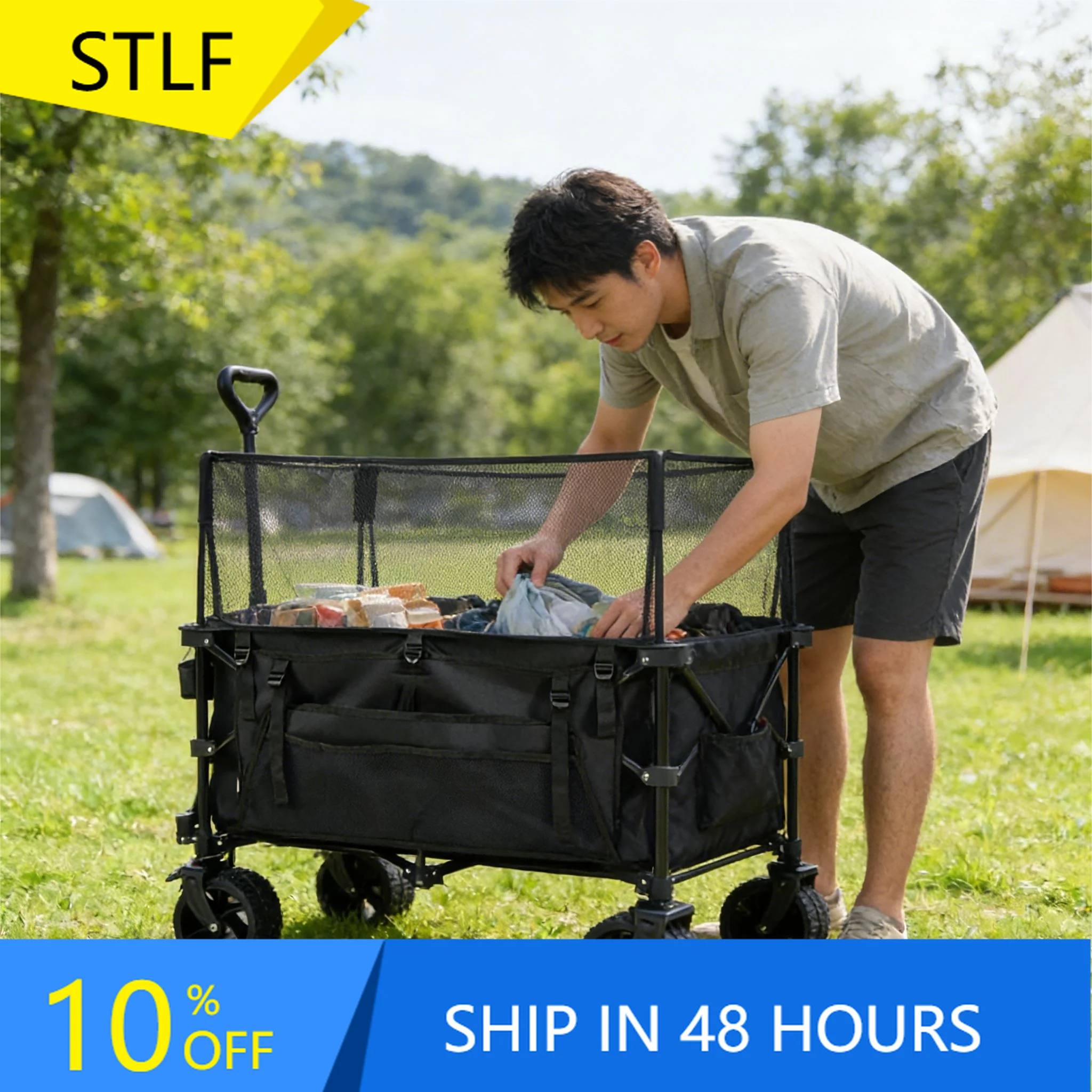 XMSJ Big All-Terrain 4-Wheels Collapsible Wagon Handcart With Brakes & Foldable Utility Cart With Canopy Handcart For Camping