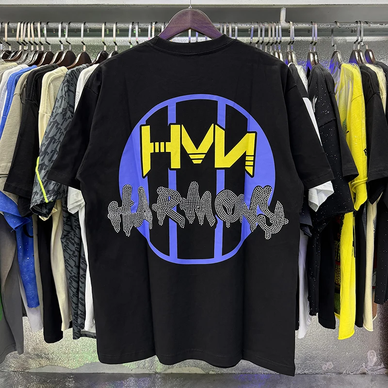 HARMONY T-Shirt Rhinestone Letter UFO Pattern Print American Street Men Women Short Sleeve Tee