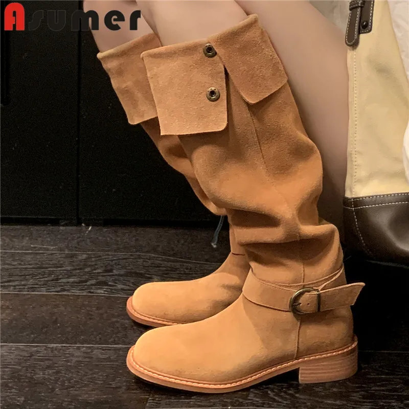 

ASUMER 2024 New Cow Suede Leather Slip On Spring Boots Top Sale Ladies Western Boots Square Med Heels Knee High Boots