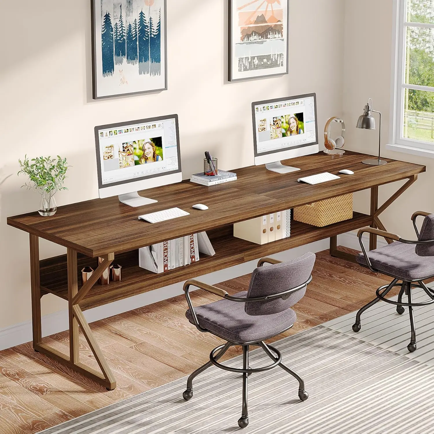 

79-Inch Extra Long Double Desk with Storage Shelf, Large Computer Desk for Home Office, Brown