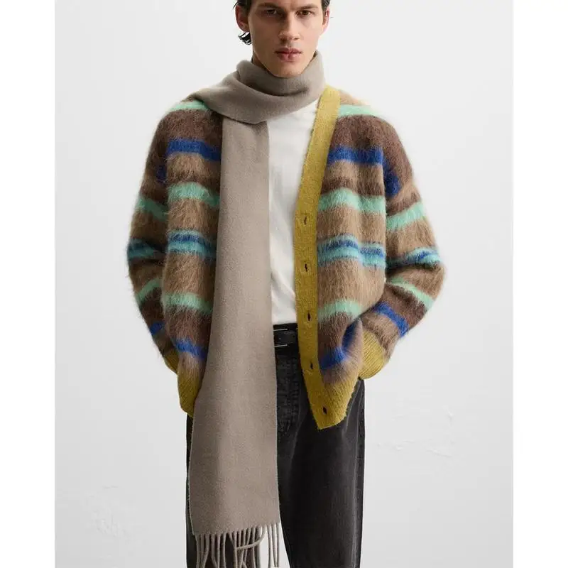 

Autumn Winter New Men's Faion Camel Hair Blend Slim Fit Long Sve V Ne Striped Knitted Open Cardigan Casual Youth Sle