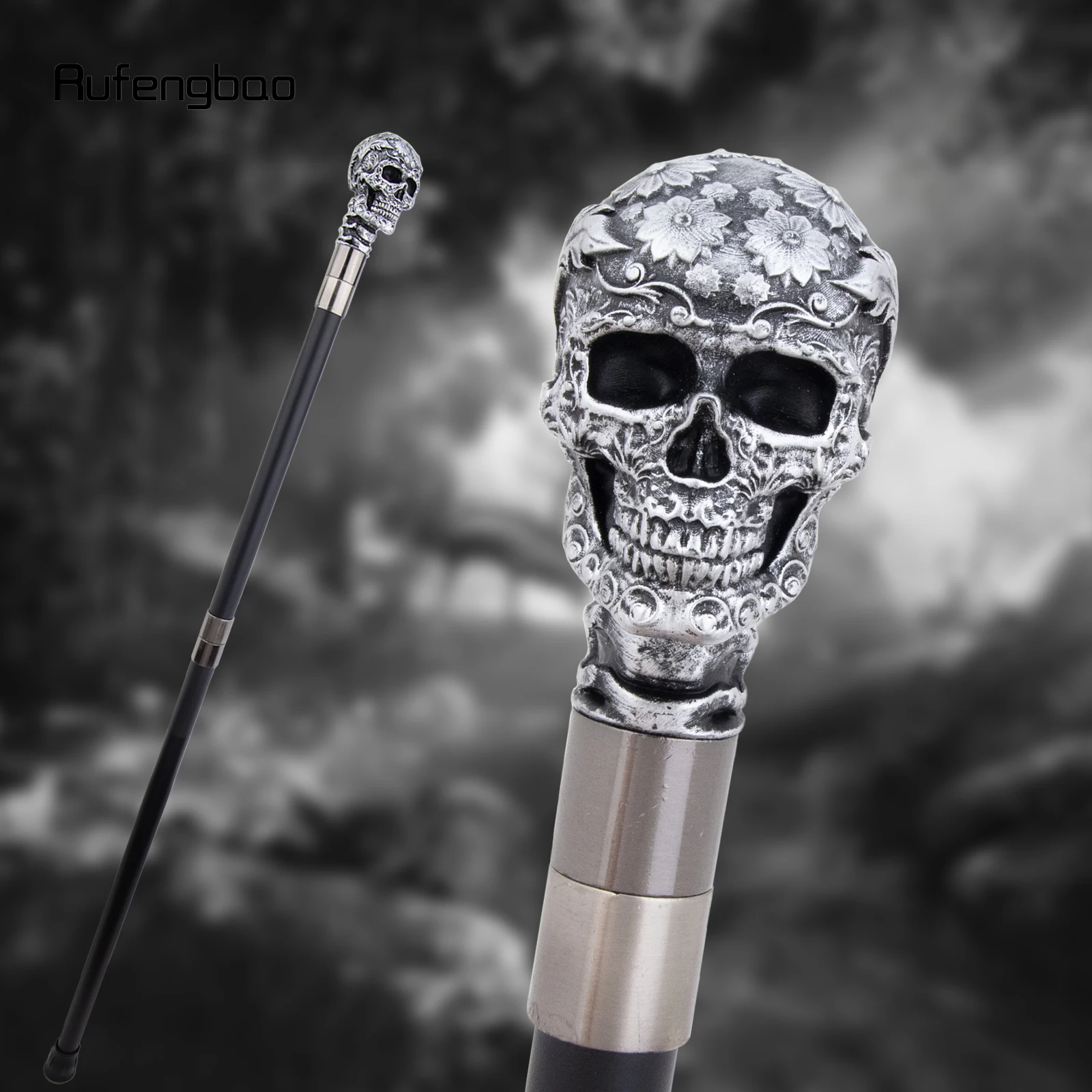 Silver Resin Rose Flower Skull Head Cane Decorative Cospaly Cane Halloween Mace Wand Crosier Performance Stage Cane 94cm