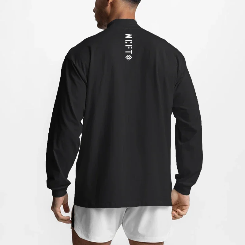 

Spring Autumn Fashion Casual Relaxed Half High Collar Cotton Printed Bodybuilding Fitness Long Sleeve Loose Single Top T-Shirt