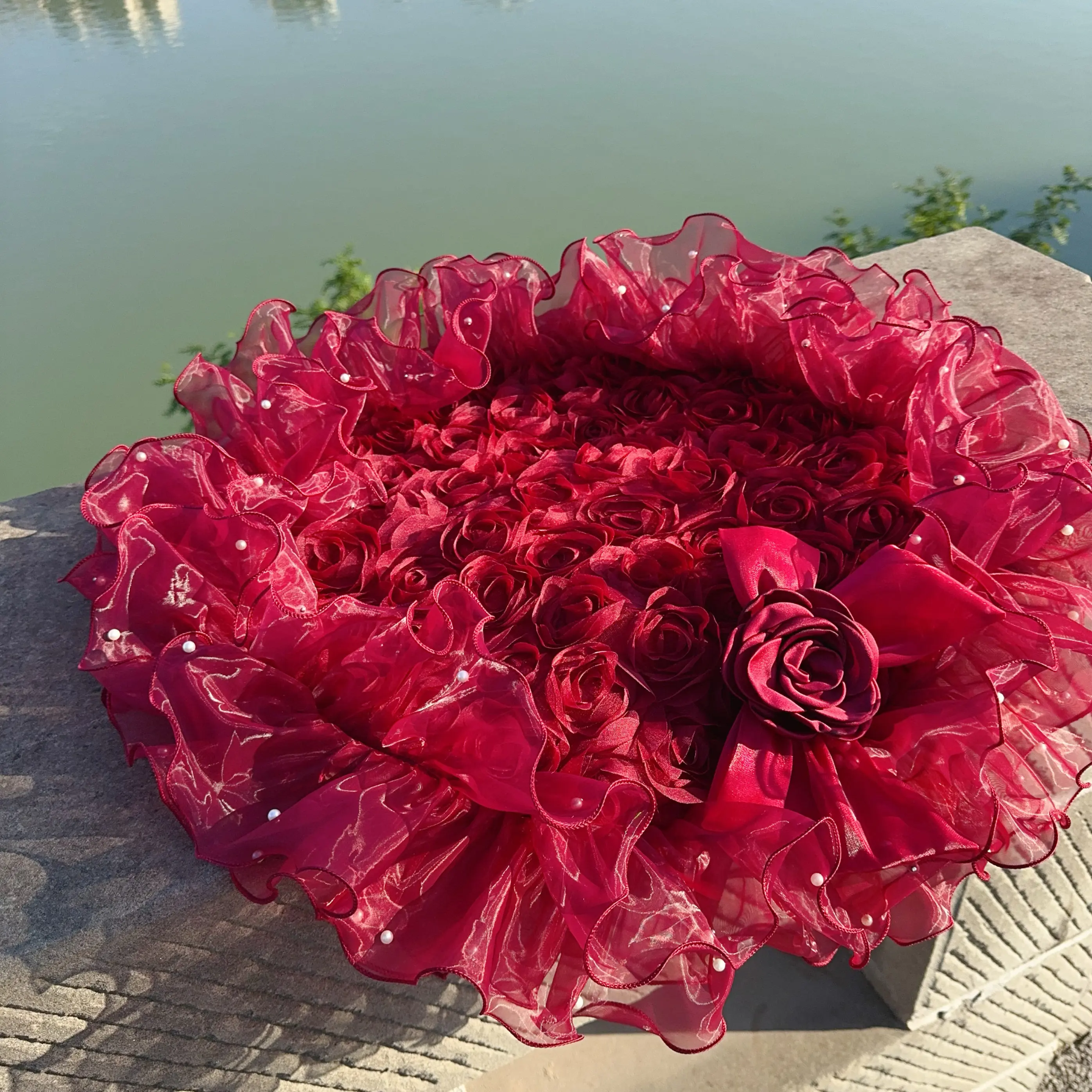 

3D Red Floral Embroidered Lace Pet Cushion Puppy Seat Outdoor Mattress Dog And Cat Ruffle Mat for Cafe Photography