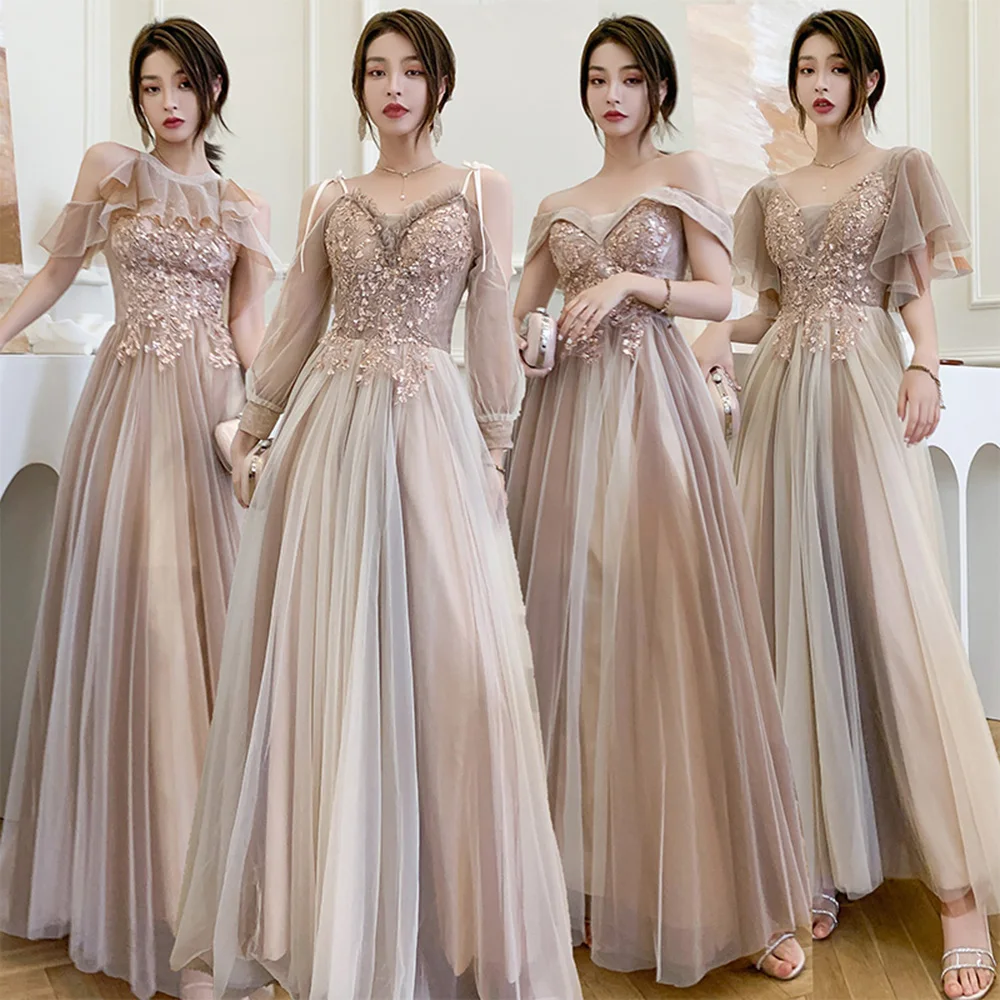 

4 styles Champagne Pink Bridesmaid Dress Women's Elegant Off Shoulder Ruffles Sleeves Gown Sequins Flower Applique Vestido