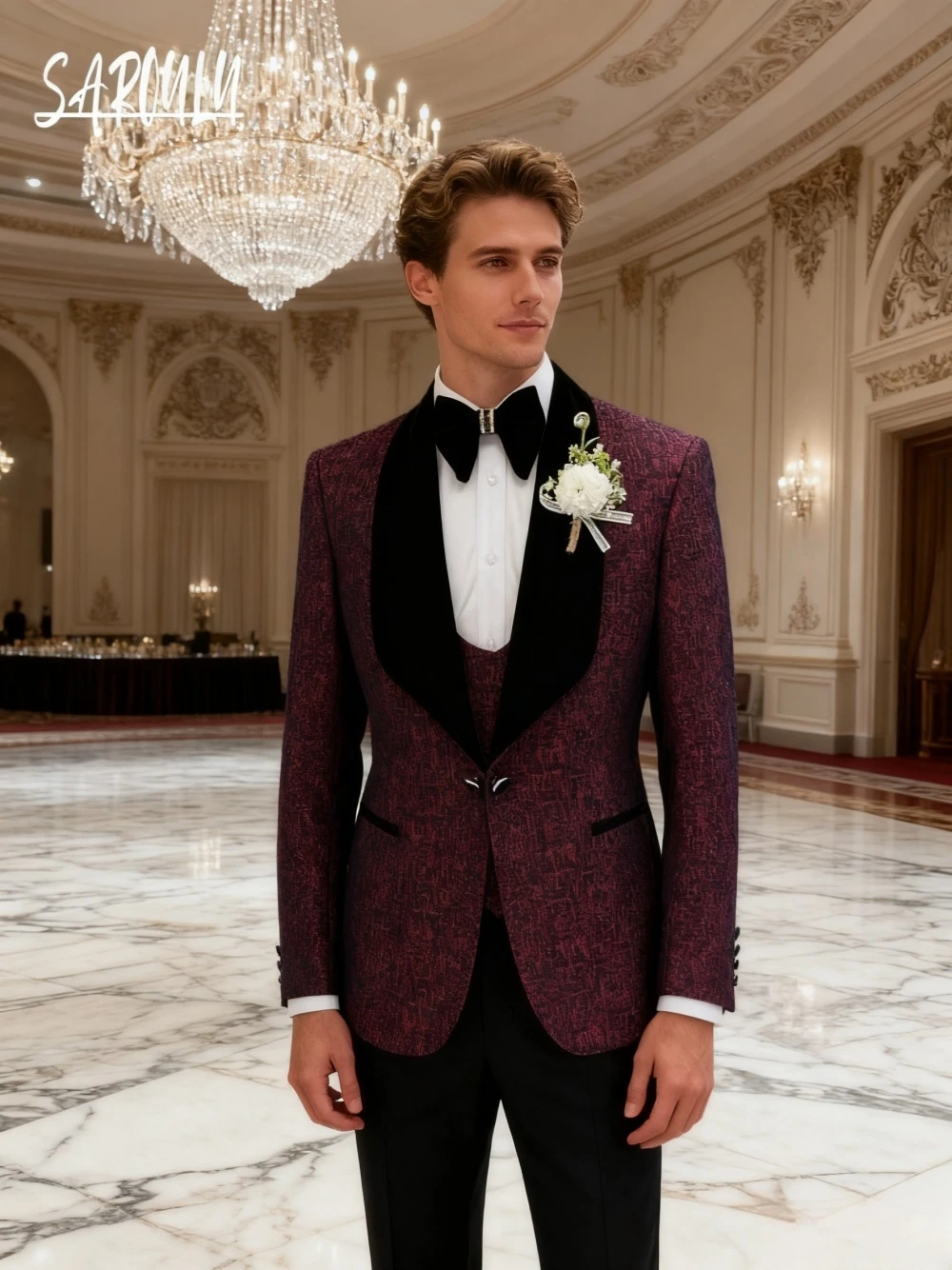 

Burgundy Man Suit Chic Velvet Collar Three Pieces Dancing Set Stylish Single Breasted Groom Wear Modern Party Tuxedo In Stock