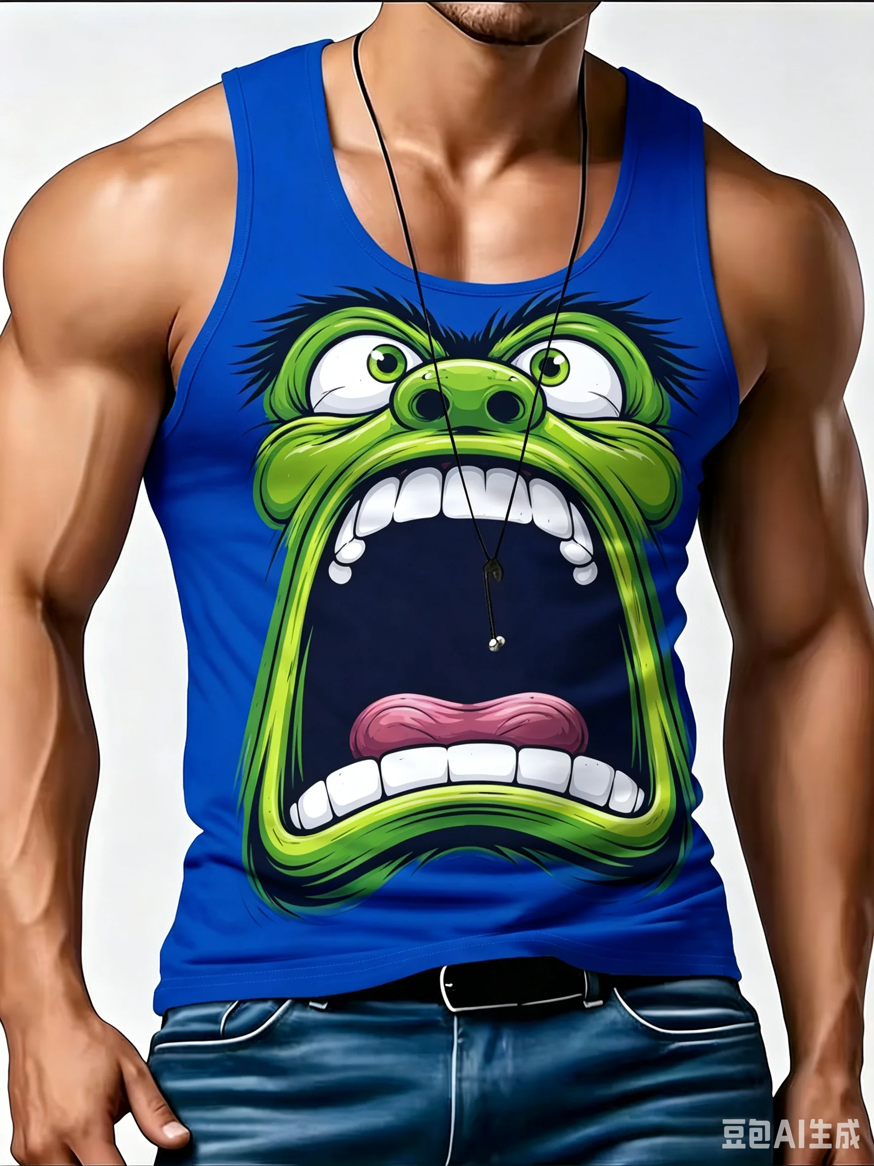 Men's Green Monster Big Mouth Cartoon Graphic Tank Top, Sleeveless Muscle Vest Summer Casual Workout Tank Shirt