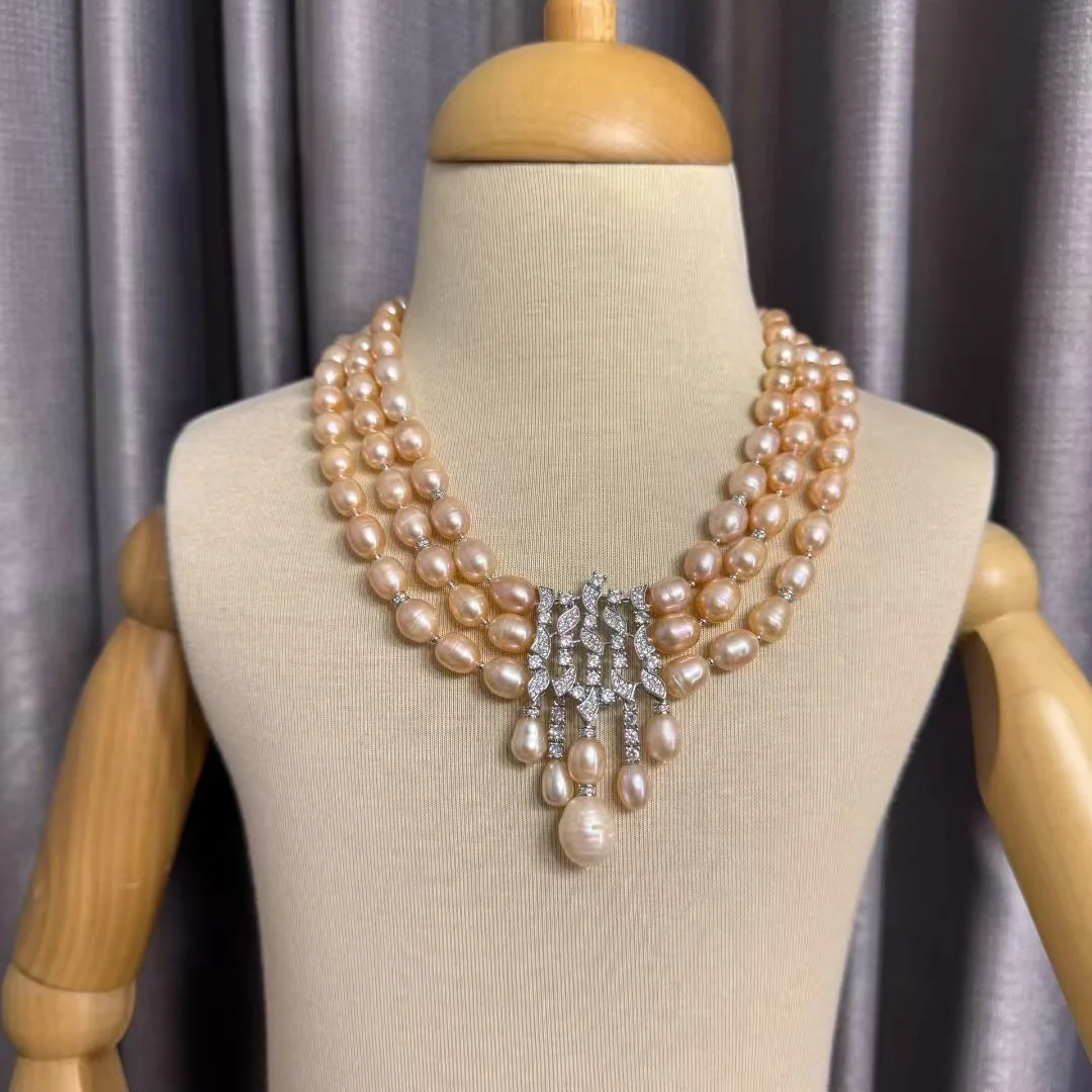 

Hand Knotted Beautiful 3 Row 9-12mm Rice South Sea Cultured Pink Real Natural Pearl Necklace 43-48cm Fine Jewelry
