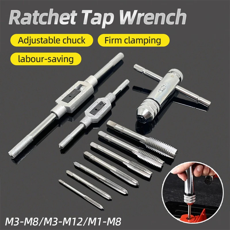 Adjustable M3-M12 T-Handle Ratchet Tap Holder Wrench Tap Wrench Drill Set Hand Tapping Tools Screw Thread Tap Drill Bit